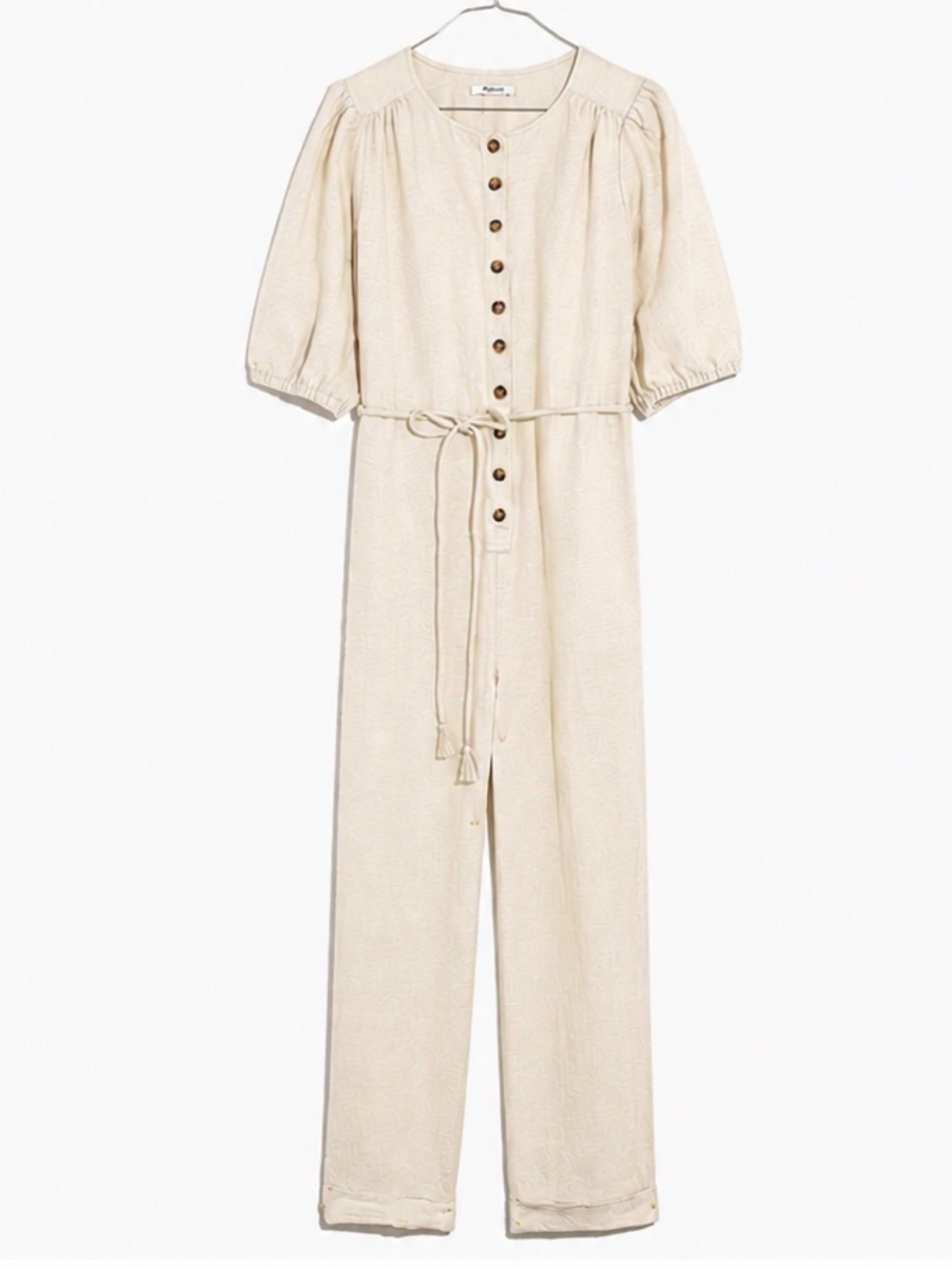 Madewell Women's Linen Blend Jumpsuit Puff-Sleeve Tassel-Tie Ivory Sz Medium NWT - Picture 7 of 8